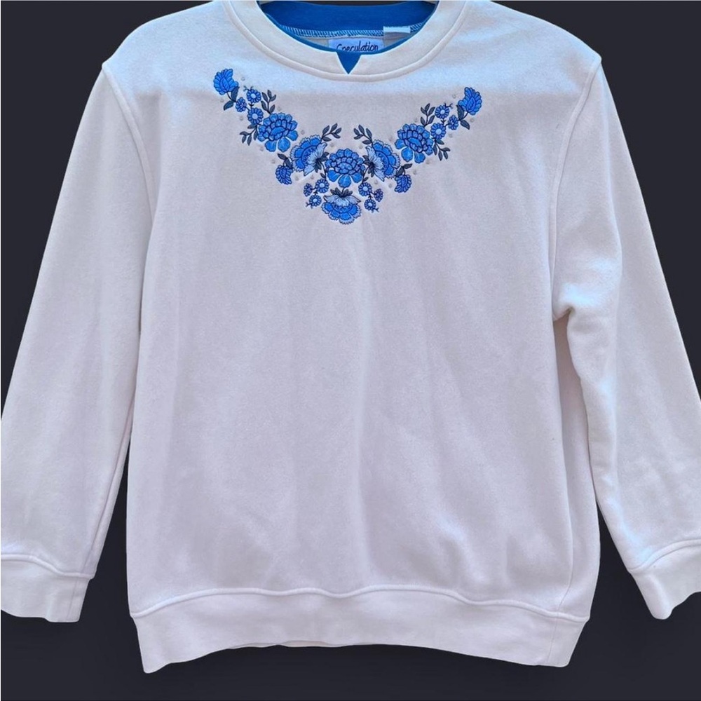 Vintage Speculation Mockneck Cottagecore Sweater w/ Blue Floral Embroidery PM